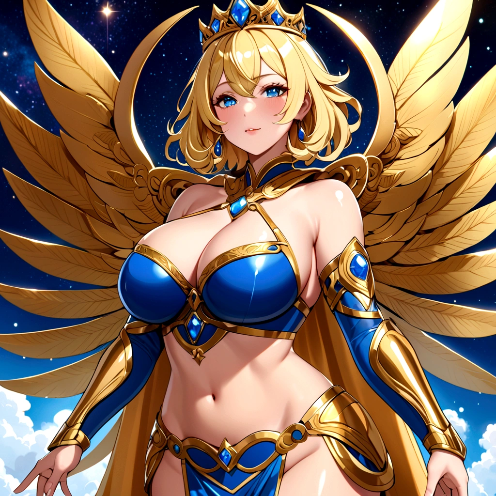 (masterpiece),(best quality),(ultra detailed),(illustration),(an extremely delicate and beautiful,(solo),(girl is supreme almighty goddess of the sky and reproduction),(giganticboobs:1.3),big ass,(curvy),4fingers and 1thumbs,boyish,(shiny hair),(short hair),((flipped hair)),(((crossed bangs))),(blonde hair),blue eyes,(shiny skin),(gold supreme goddess tiara),((golden stomach tattoo)),BREAK,(sapphire blue supreme goddess cloak),(((sapphire blue supreme goddess armor))),cleavage,stomach,(sapphire blue supreme goddess thong),(sapphire blue supreme goddess elbow gloves),(sapphire blue supreme goddess thighboots),((in the great temple of the sky))