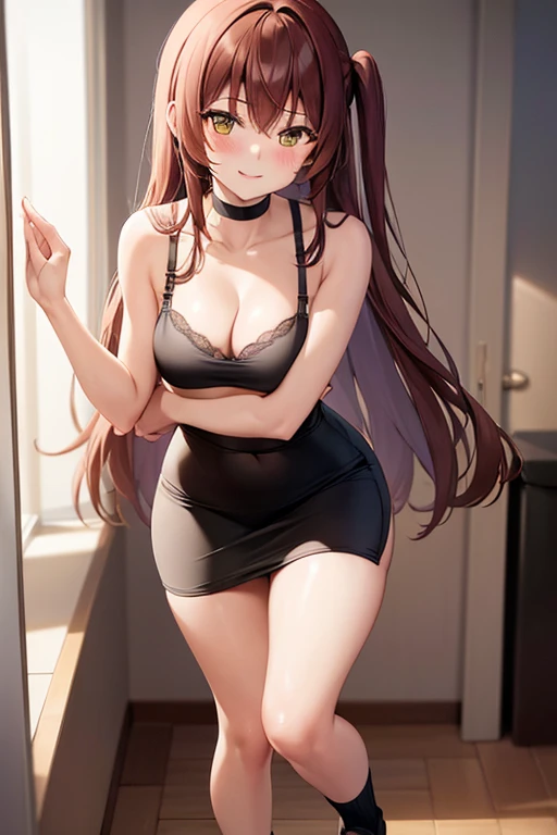 1girl, woman, bra, midriff, tight midi pencil skirt (black), long length pencil skirt, long brown hair, looking at viewer, full body, smile, blush, bedroom, socks