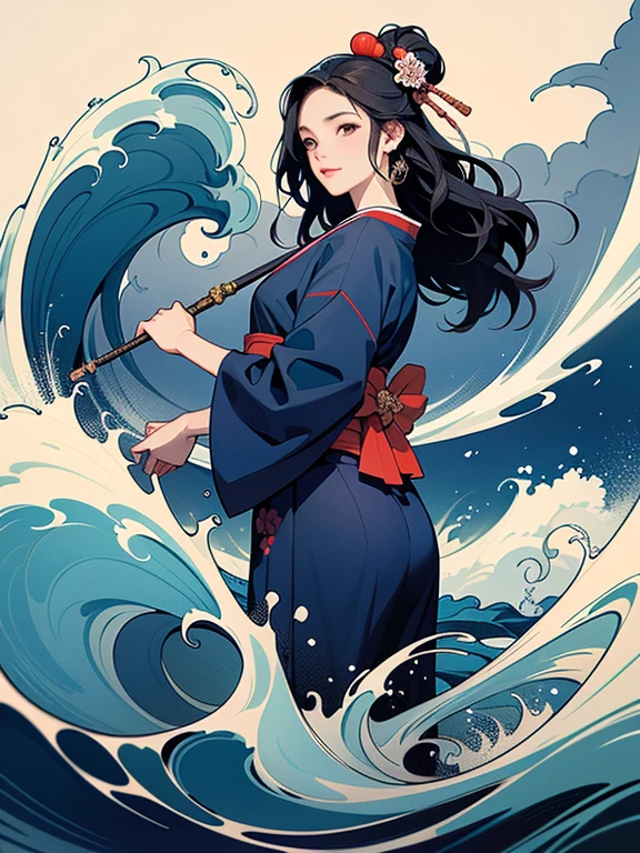 (Highest quality、masterpiece、High resolution、Official Art、8K)、Ukiyo-e、Katsushika Hokusai、Fuji Mountain、White waves of the sea、Boat、