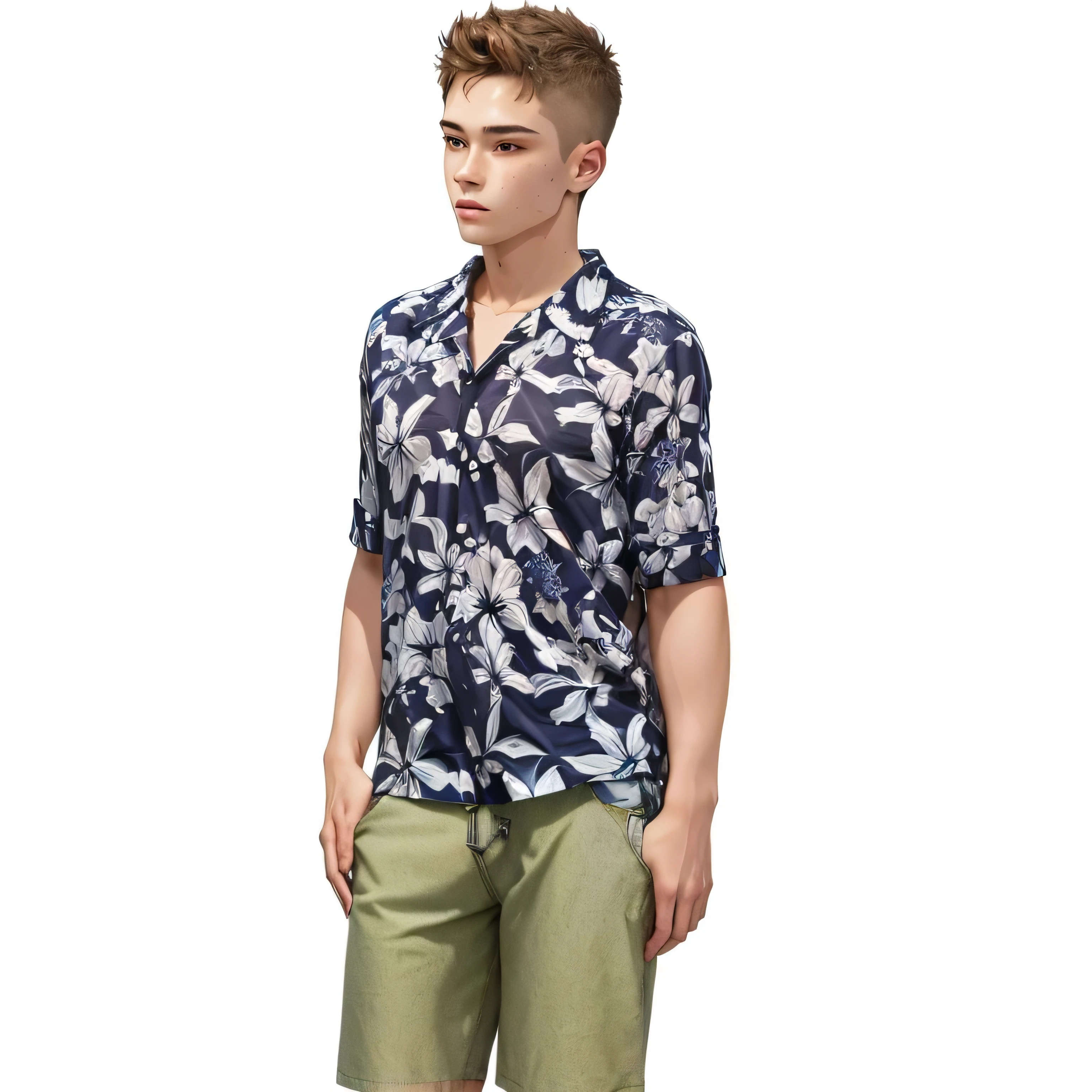 a close up of a person wearing a shirt and shorts, with  summer shirt, shirt, inspired by  inspired by Lucas inspired by highly detailed full body,  teen,  image, full body shot hyperdetailed, inspired by Dean Roger, handsome stunning realistic
