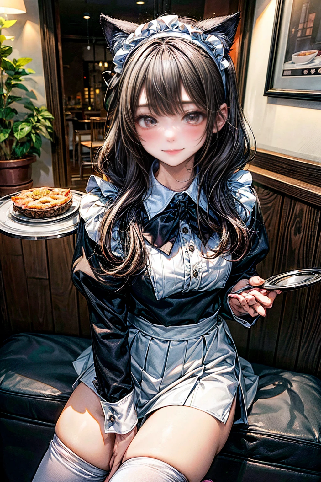 One Girl、(20-year-old woman)、Cat ears headband、Cat tail、Black maid outfit、Holding a tray with two parfaits on it in one hand、With the other hand, lift your skirt to show your underwear、Short skirt、I can see your pants、White knee-high socks、Striped pants、Highest quality、8K、Beautiful Face、Mischievous smile、Wink to the viewer、View Viewer、A bright cafe with a black cat