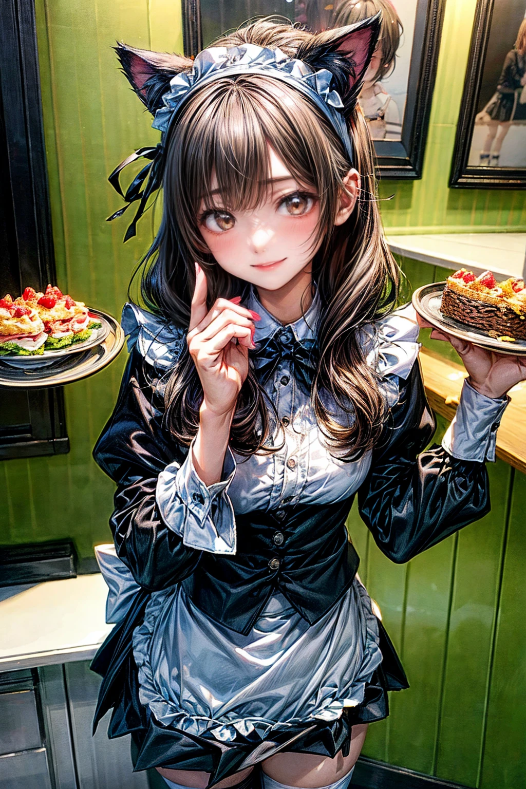 One Girl、(20-year-old woman)、Cat ears headband、Cat tail、Black maid outfit、Holding a tray with two parfaits on it in one hand、With the other hand, lift your skirt to show your underwear、Short skirt、I can see your pants、White knee-high socks、Striped pants、Highest quality、8K、Beautiful Face、Mischievous smile、Wink to the viewer、View Viewer、A bright cafe with a black cat