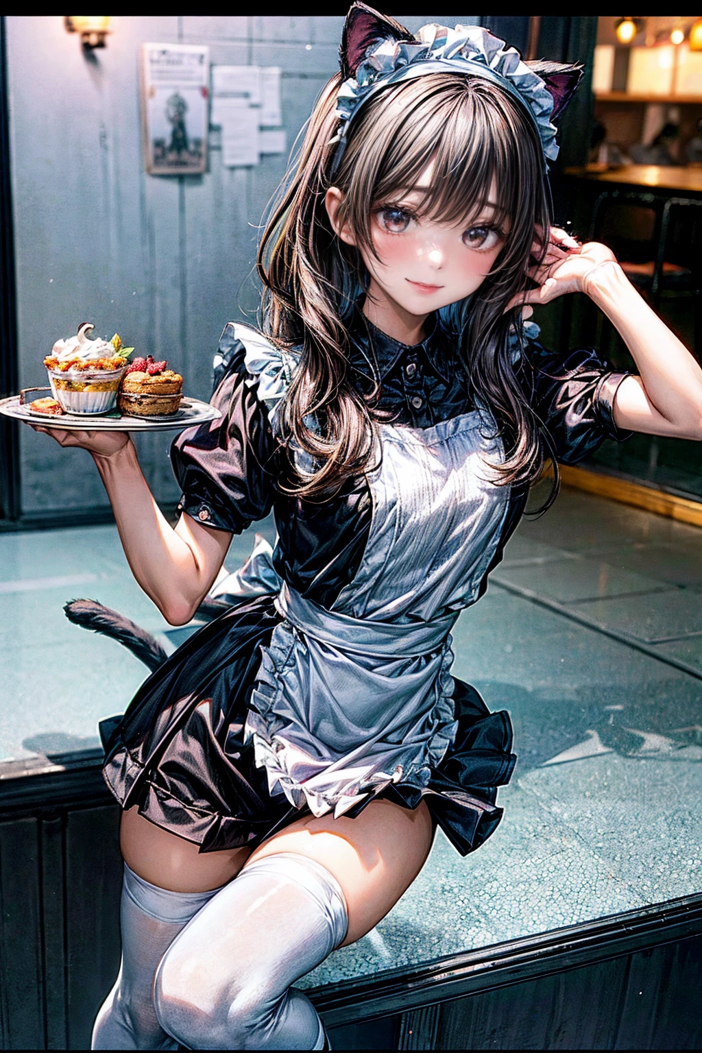 One Girl、(20-year-old woman)、Cat ears headband、Cat tail、Black maid outfit、Holding a tray with two parfaits on it in one hand、With the other hand, lift your skirt to show your underwear、Short skirt、I can see your pants、White knee-high socks、Striped pants、Highest quality、8K、Beautiful Face、Mischievous smile、Wink to the viewer、View Viewer、A bright cafe with a black cat
