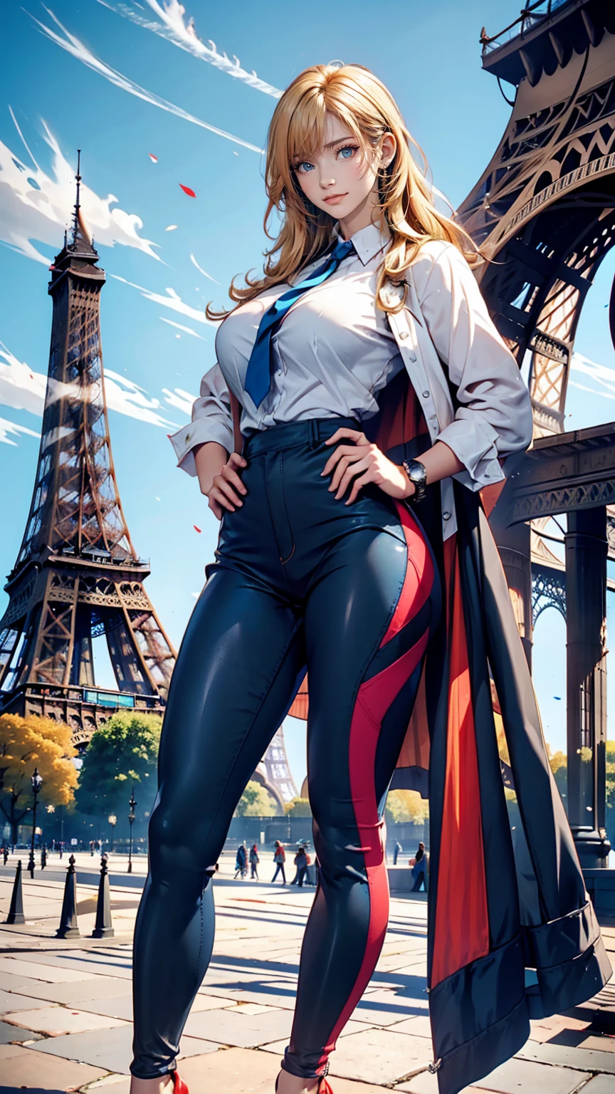 A giant French flag hangs on the Eiffel Tower、Blonde Caucasian woman poses in front of the Eiffel Tower with hands on hips、Cowboy Shot、Wear leggings、Wear stiletto heelarble floor、Beautiful blue sky