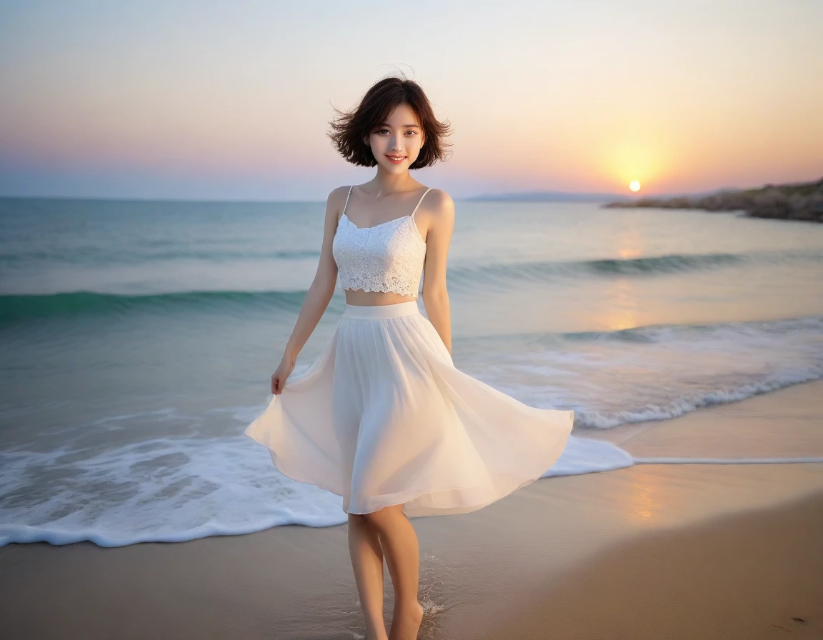 beautiful korean girl, Chest size 34 inches, Wear sleeveless, light skirt, sunset beach red light. beautiful pretty woman look , wearing a light skirt , Go far into the sea water and dip your toes., Short medium hair blowing in the wind, 1 woman, beautiful eyes, a little smile, Full body photo from a distance with a wide angle lens,