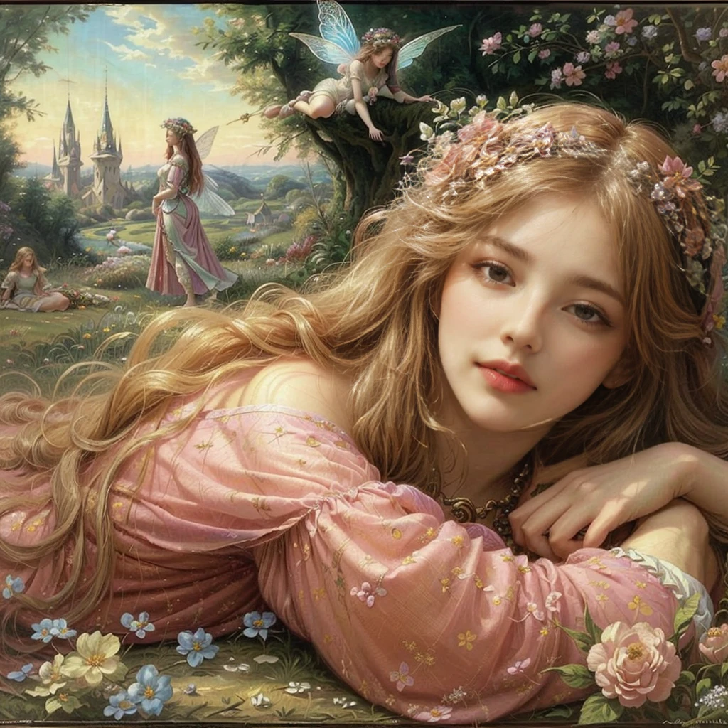 a painting of a woman lying on the ground with flowers in her hair, beautiful fairys, beautiful fantasy art portrait, beautiful fantasy art, beautiful fantasy painting, very beautiful fantasy art, beautiful fairy, beautiful fairy, Beautiful lady de fantasía, Beautiful lady, fairy portrait, Reraphaelite fairies, portrait of a fairy, Art by Edouard Bisson, fantasy art