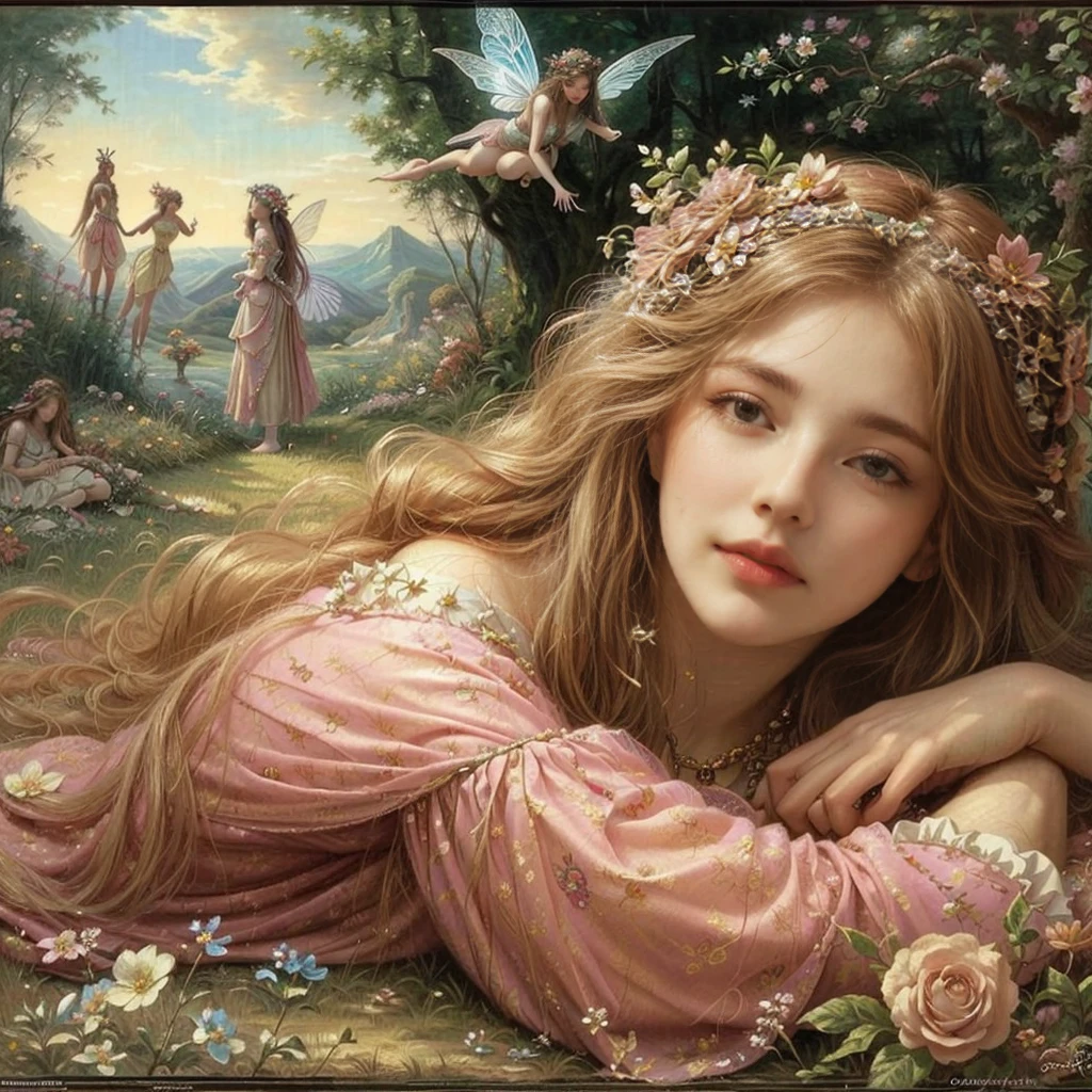 a painting of a woman lying on the ground with flowers in her hair, beautiful fairys, beautiful fantasy art portrait, beautiful fantasy art, beautiful fantasy painting, very beautiful fantasy art, beautiful fairy, beautiful fairy, Beautiful lady de fantasía, Beautiful lady, fairy portrait, Reraphaelite fairies, portrait of a fairy, Art by Edouard Bisson, fantasy art