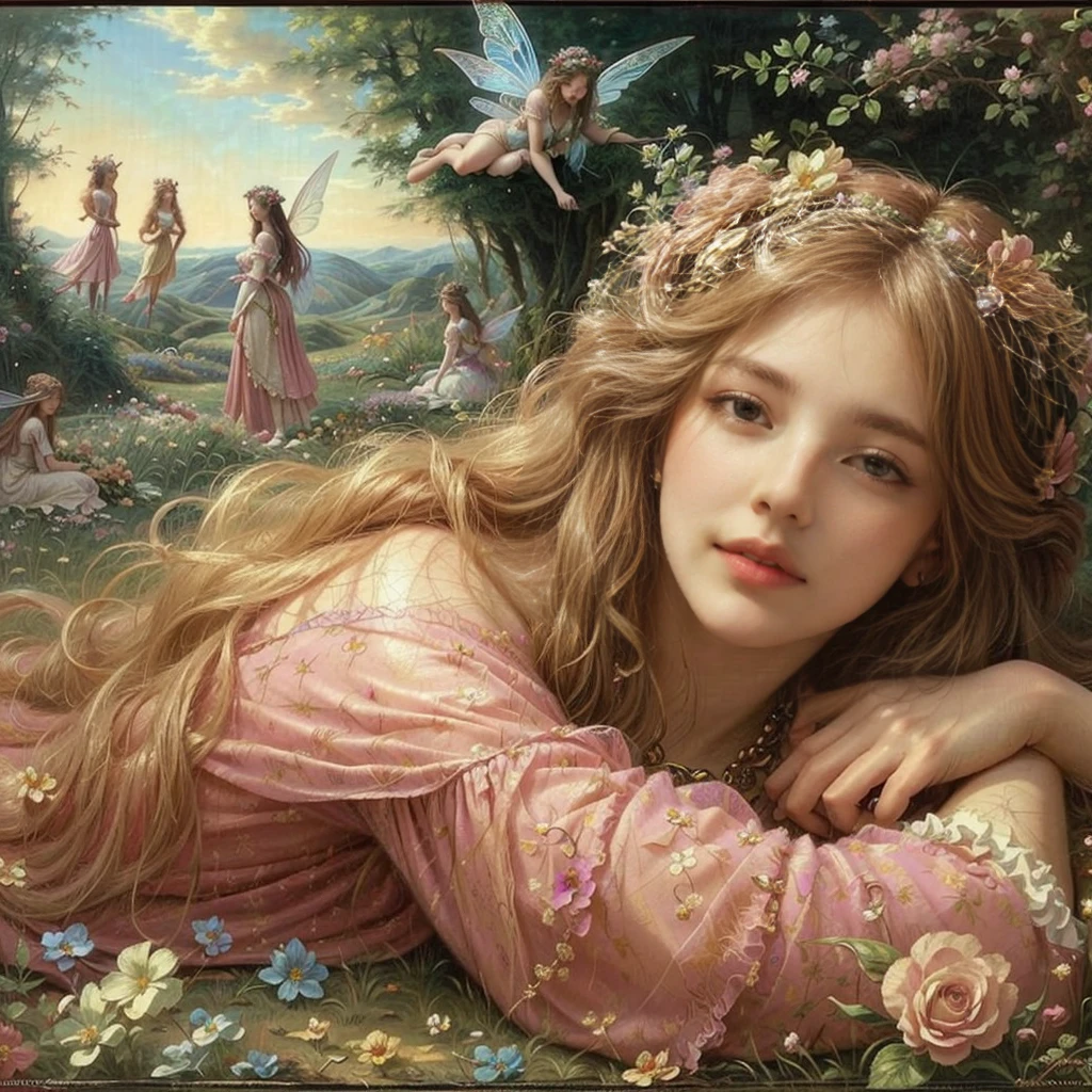 a painting of a woman lying on the ground with flowers in her hair, beautiful fairys, beautiful fantasy art portrait, beautiful fantasy art, beautiful fantasy painting, very beautiful fantasy art, beautiful fairy, beautiful fairy, Beautiful lady de fantasía, Beautiful lady, fairy portrait, Reraphaelite fairies, portrait of a fairy, Art by Edouard Bisson, fantasy art