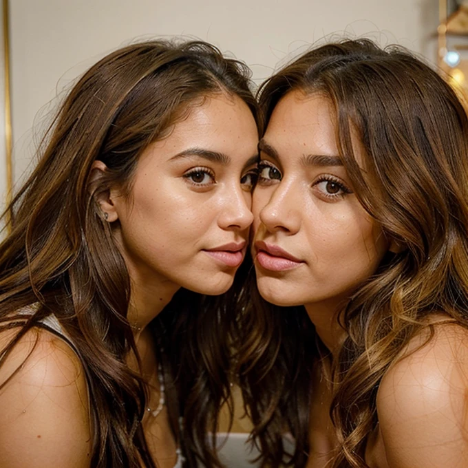 Instagram influencer, Latina female, 27 years old, athletic body, large breasts, tan skin, long wavy brown hair, (hazel eye color). (((face to face))) with a 25 year old Polish woman, with blonde hair, (((about to kiss))).   