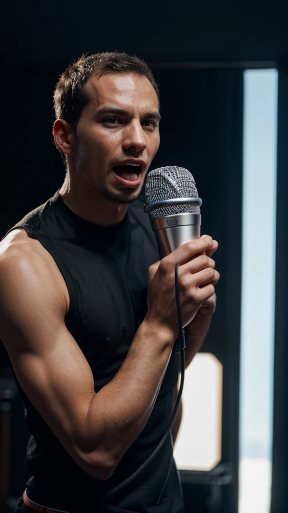 half-bodied man with microphone hyper-realistic photography, 