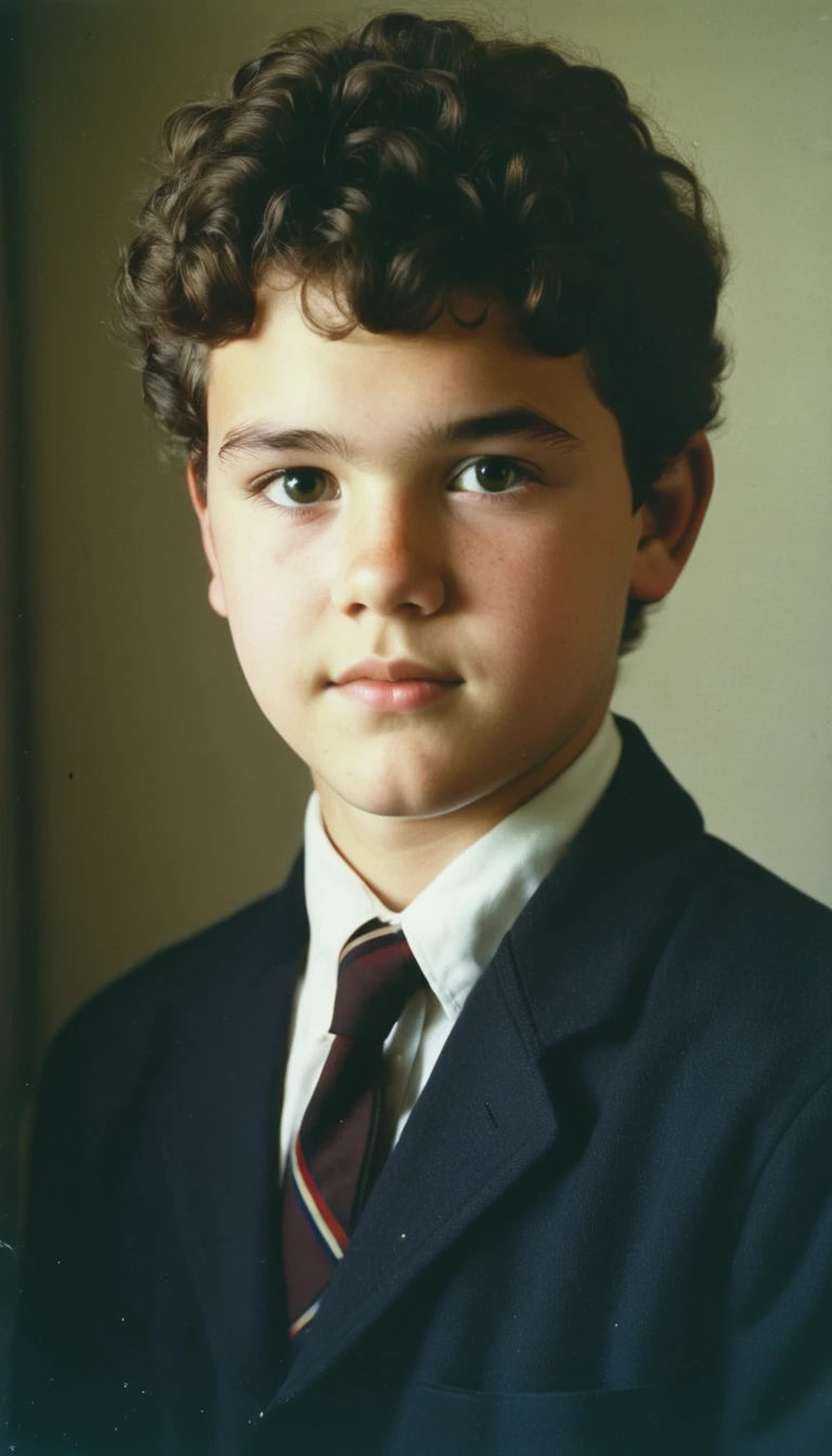 analog film photo, modern day photo of a young student, 13 years-old, male, brown-black hair, short curly quiff haircut, brown eyes, caucasian, round face, oval-shaped jawline, bulbous nose, full lips, thick eyebrows, soft features, stocky broad frame, chubby, handsome, resembles a younger John C Reilly, (relaxed school uniform:1.1), silhouette, backlit, split lighting, half face in shadow, RAW Photograph, dslr, hard lighting, hard shadows, high quality, film grain, Fujifilm XT3, detailed skin with visible pores, insane details, masterpiece, 8k, 35mm photograph, dslr, kodachrome, faded film, desaturated, 35mm photo, grainy, vintage, Kodachrome, Lomography, stained, highly detailed, found footage, yearbook portrait, contemporary, 2024