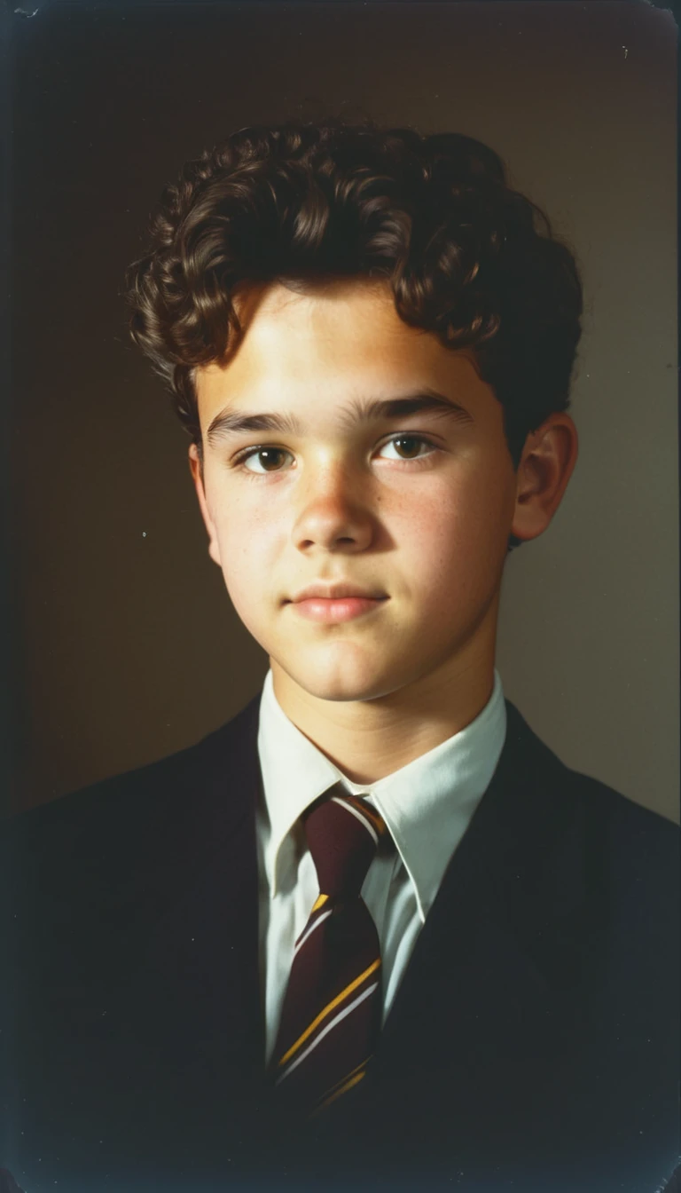 analog film photo, modern day photo of a young student, -old, malbrown-black hair, short curly quiff haircut, brown eyes, caucasian, round face, oval-shaped jawline, bulbous nose, full lips, thick eyebrows, soft features, stocky broad frame, chubby, handsome, resembles a younger John C Reilly, (relaxed school uniform:1.1), silhouette, backlit, split lighting, half face in shadow, RAW Photograph, dslr, hard lighting, hard shadows, high quality, film grain, Fujifilm XT3, detailed skin with visible pores, insane details, masterpiece, 8k, 35mm photograph, dslr, kodachrome, faded film, desaturated, 35mm photo, grainy, vintage, Kodachrome, Lomography, stained, highly detailed, found footage, yearbook portrait, contemporary, 2024