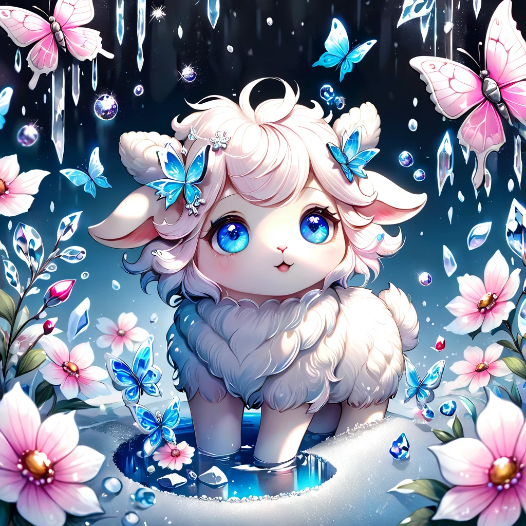 Ultra detailed, HDR, Highres, absurdres, master piece, white sheep, expressive blue eyes, glass, ice glittering butterflies, ice, petals, pink ice glass flowers, cute, glittering, water, fantasy, magical, snowflakes, cold, small and cute,