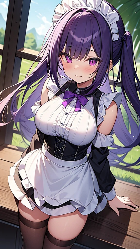 最high quality, high quality, Super detailed, 32k, Ultra-detailed details, (only, pretty girl, beautiful purple hair, Beautiful purple eyes, Big Breasts, A light smile, Red eyes, Off-the-shoulder sleeveless Summer clothes, Summer casual maid clothes, Short skirt, Blue and white color striped underwear, Black knee socks, My crotch is wet with love juice, 18-year-old,cute), {{A succubus strips off the face and clothes of a murdered maid and engages in intense vaginal sex with her master, bouncing her breasts.}}, She has transformed from a shy maid into a lewd one., A maid with her sister's face stuck on her face is vigorously pistoning her body, A maid who moves her body vigorously without caring if her breasts bounce, ((She straddles a sleeping man and has intense vaginal sex:1.5)), Cowgirl Sex, Super detailed, Detailed sister photosが見える, NSFW