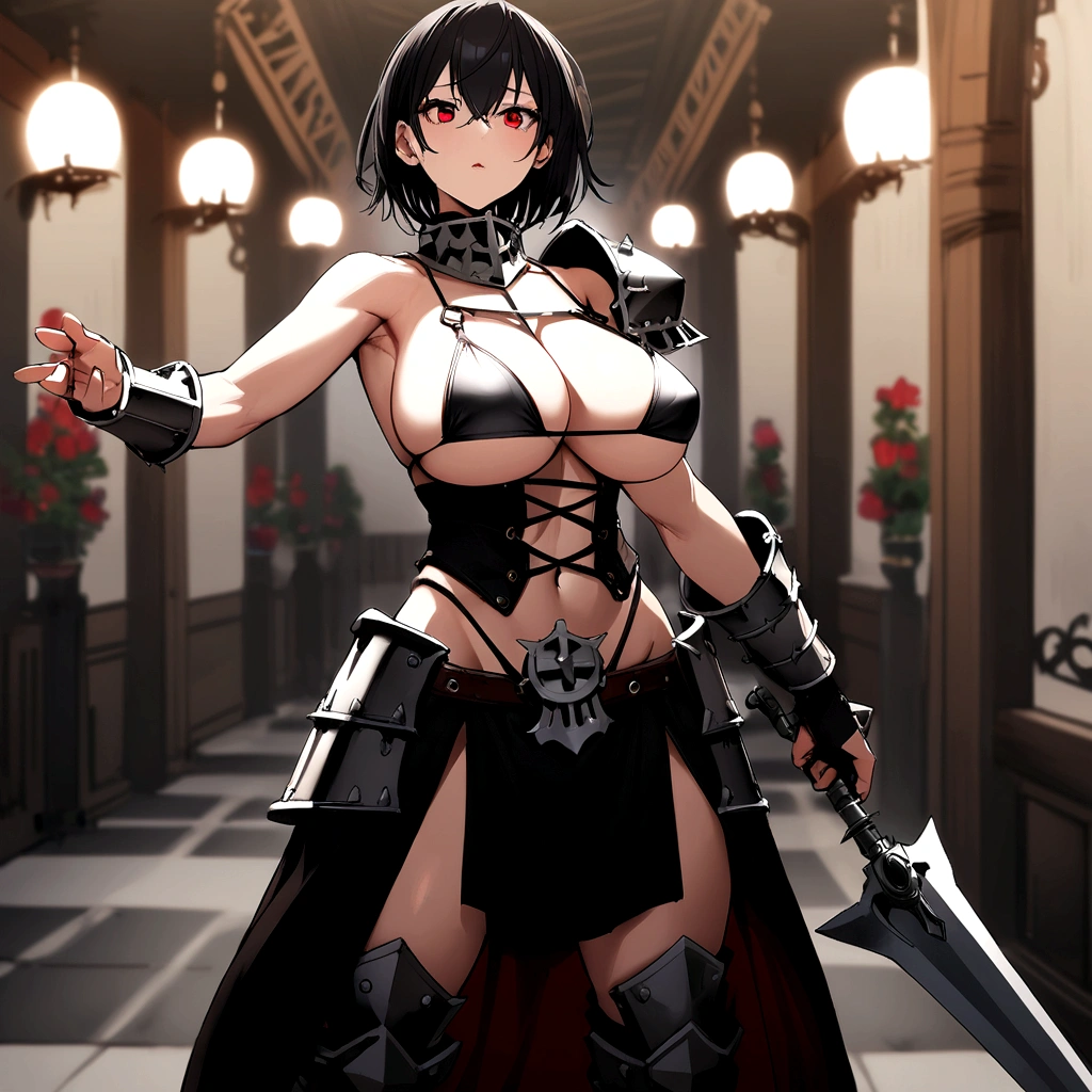 Iron bikini armor, iron crown, bare belly, big breasts, black hair, red eyes