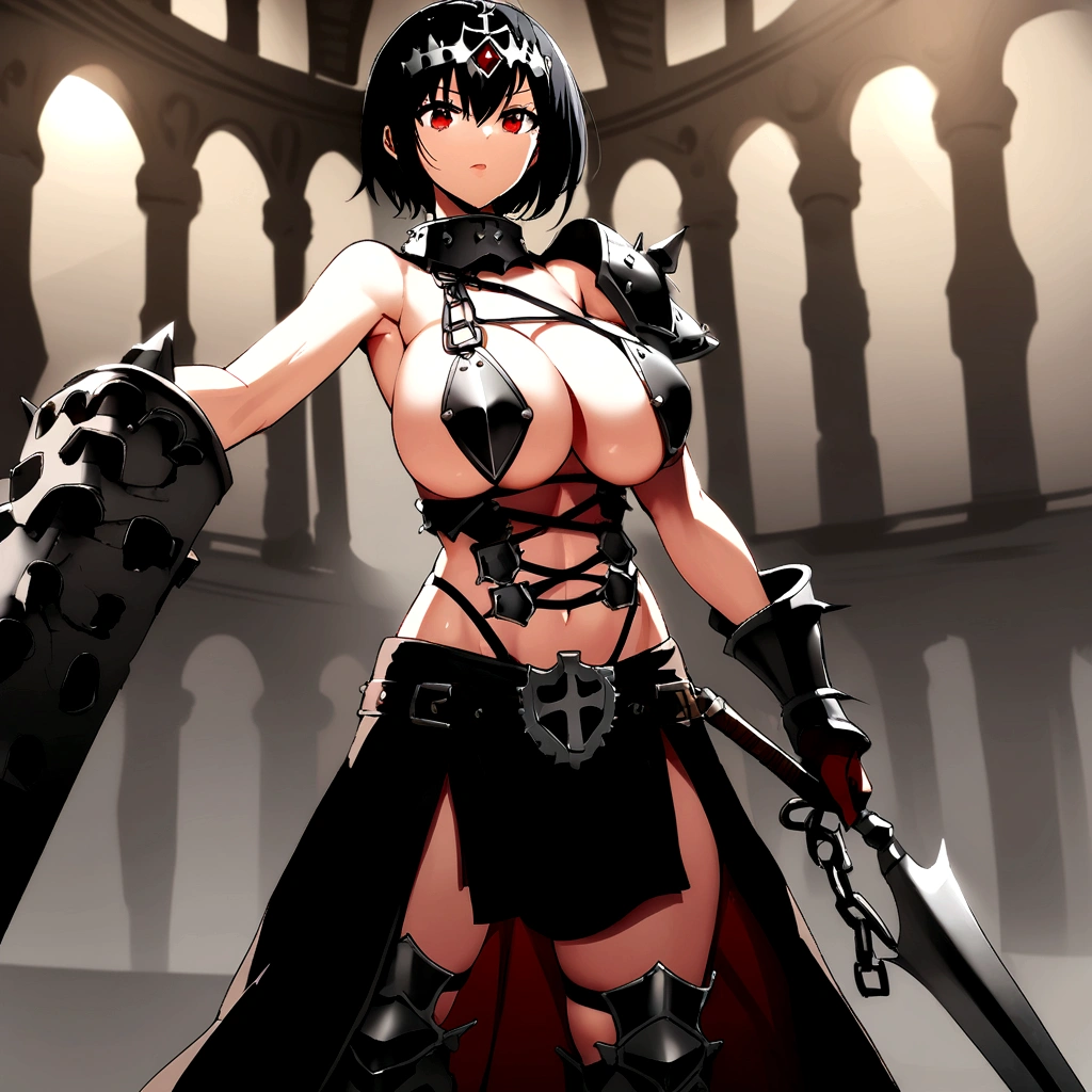 Iron bikini armor, iron crown, bare belly, big breasts, black hair, red eyes