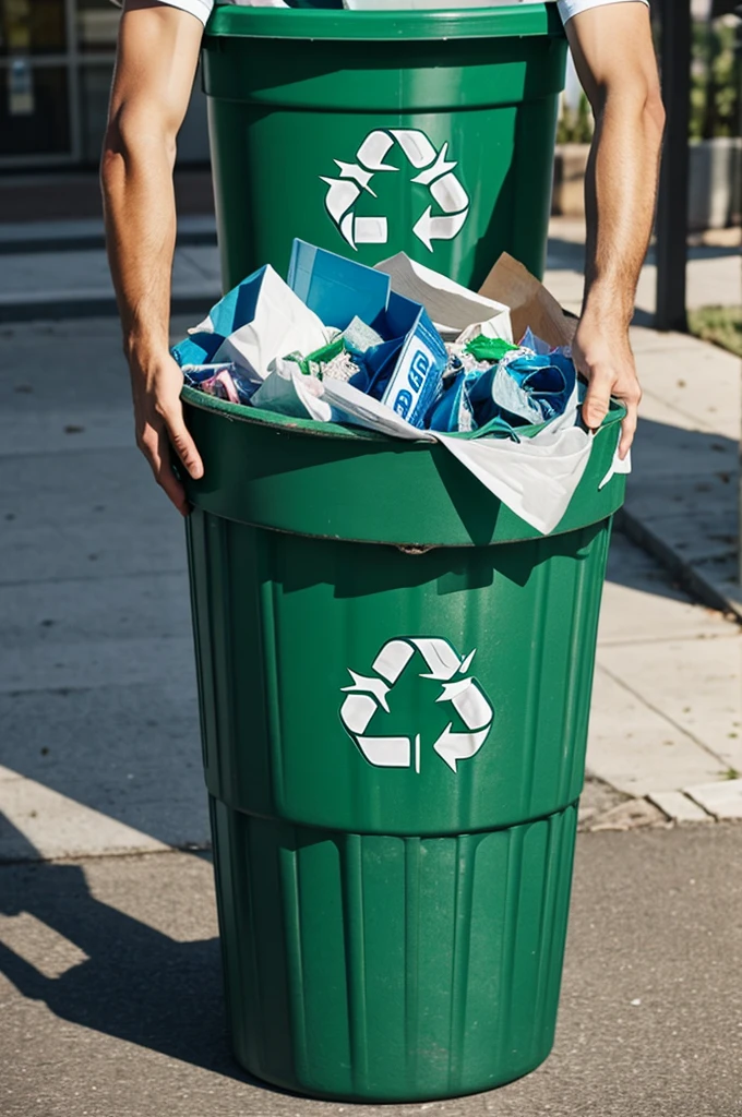 A throwing garbage into a recycling bin