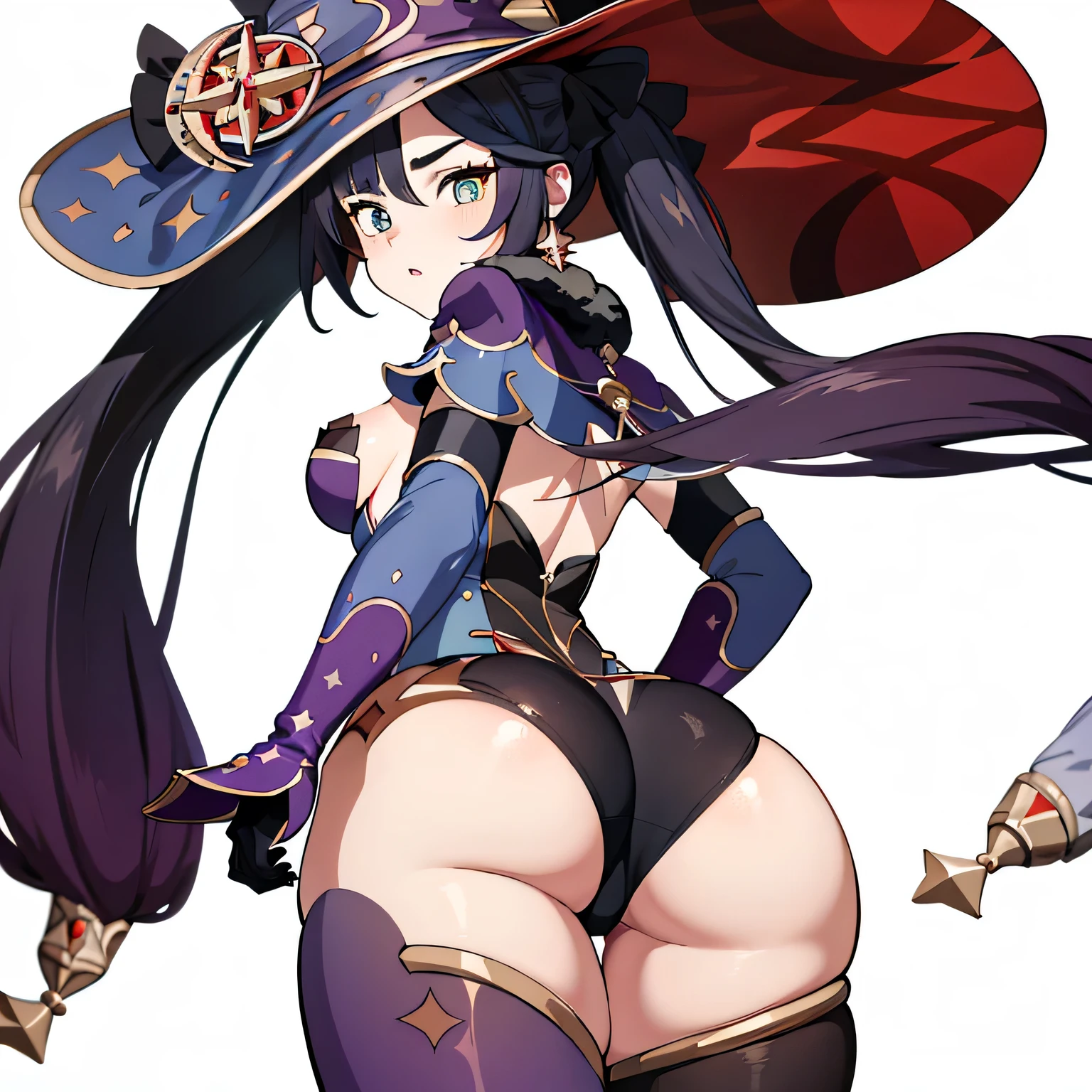 ultra detailed game CG, (High resolution:1.1), (absurderes:1.1), Best Quality, Ultra high definition, The highest resolution, Very detailed, Highly detailed face, 1girl in, Solo, Mona_Genshin, default_Dress, Witch Hat, Twin-tailed, Ass, From below, sexy girl no clothes, big ass, big bobs , White background