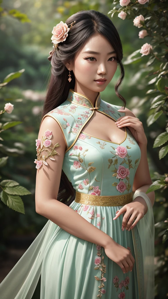 beautiful detailed chinese rose garden, 1girl, serene, elegant, gorgeous detailed flowers, extremely detailed leaves, ornate garden, flowing dress, soft lighting, dramatic shadow, realistic, photorealistic, 8k, highres, masterpiece, ultra-detailed, vivid colors, intricate details, natural lighting, cinematic composition, ethereal atmosphere