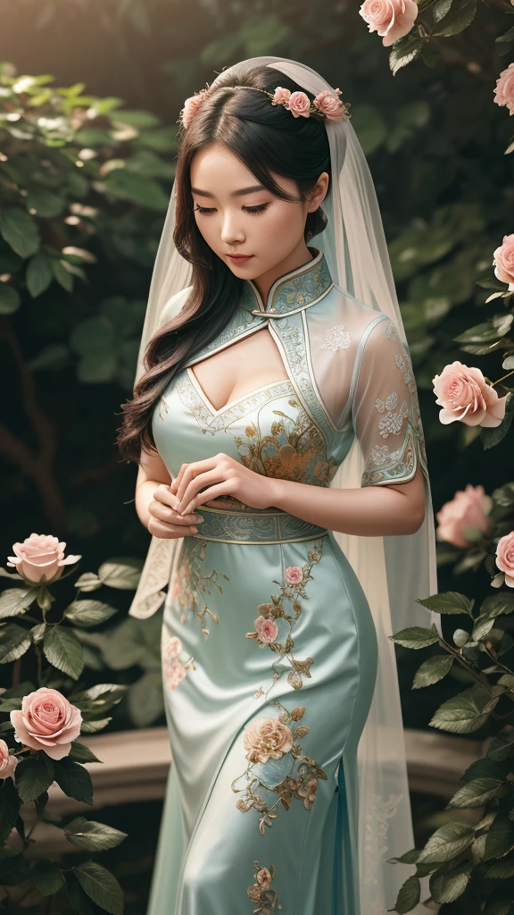 beautiful detailed chinese rose garden, 1girl, serene, elegant, gorgeous detailed flowers, extremely detailed leaves, ornate garden, flowing dress, soft lighting, dramatic shadow, realistic, photorealistic, 8k, highres, masterpiece, ultra-detailed, vivid colors, intricate details, natural lighting, cinematic composition, ethereal atmosphere