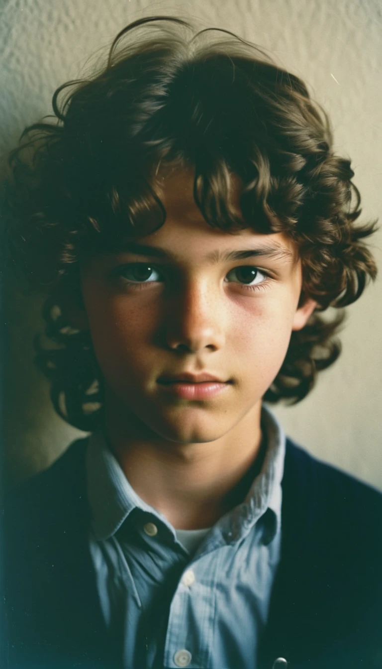 analog film photo, modern day photo of a young student, 13 years-old, male, brown-black hair, long curly hair, brown eyes, caucasian, round face, oval-shaped jawline, bulbous nose, full lips, thick eyebrows, soft features, stocky broad frame, chubby, handsome, resembles a younger John C Reilly, (relaxed school uniform:1.1), silhouette, backlit, split lighting, half face in shadow, RAW Photograph, dslr, hard lighting, hard shadows, high quality, film grain, Fujifilm XT3, detailed skin with visible pores, insane details, masterpiece, 8k, 35mm photograph, dslr, kodachrome, faded film, desaturated, 35mm photo, grainy, vintage, Kodachrome, Lomography, stained, highly detailed, found footage, yearbook portrait, contemporary, 2024