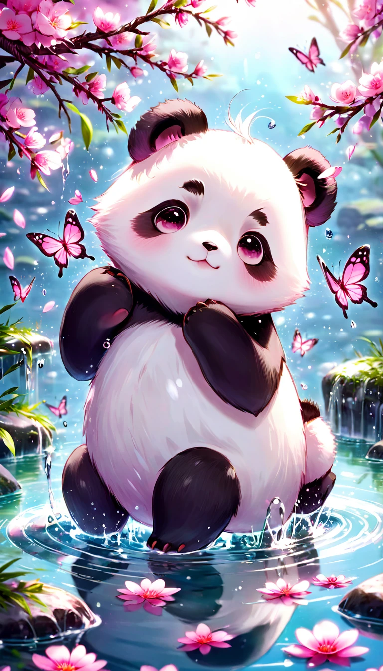 absurdres, highres, ultra detailed, HDR, master piece, best quality, extremely detailed, Panda, solo, cute, small, fantasy, magical, magic, pink butterflies, pink petals, pink flowers, water, blossoms