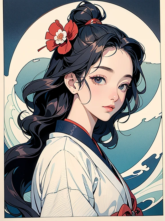 (Highest quality、masterpiece、High resolution、Official Art、8K)、Ukiyo-e、Katsushika Hokusai、Fuji Mountain、White waves of the sea、Boat、