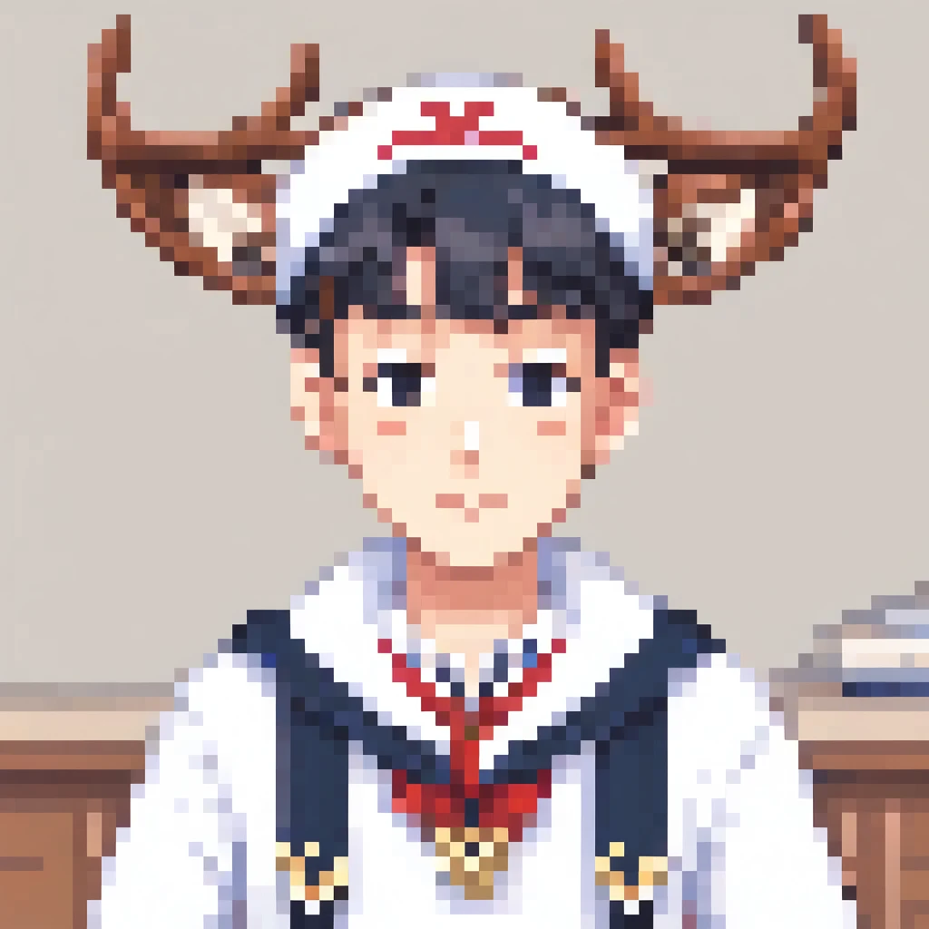 A student wearing a sailor suit with deer antlers,  Pixel art, PixArFK, 