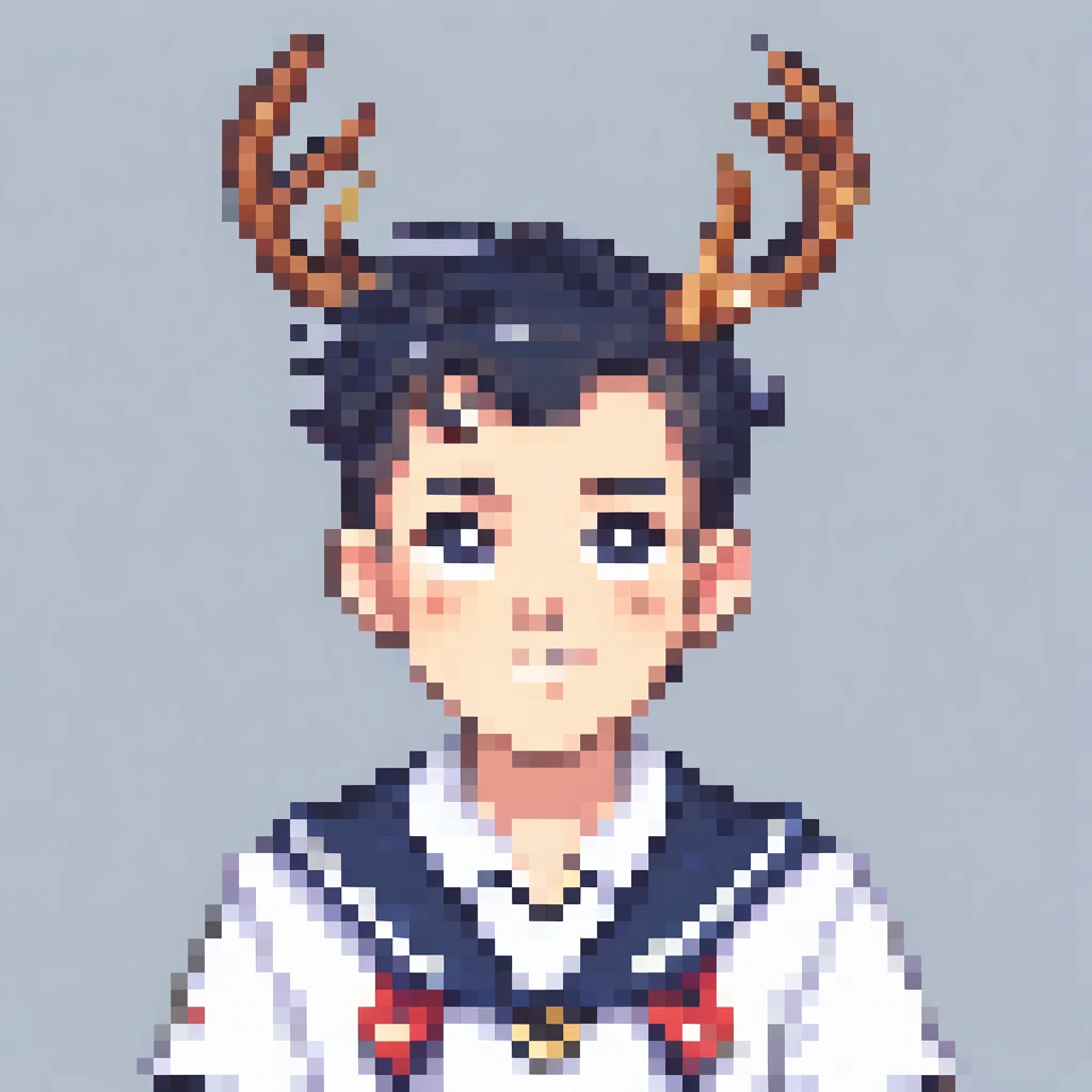 A student wearing a sailor suit with deer antlers, Pixel art, PixArFK,