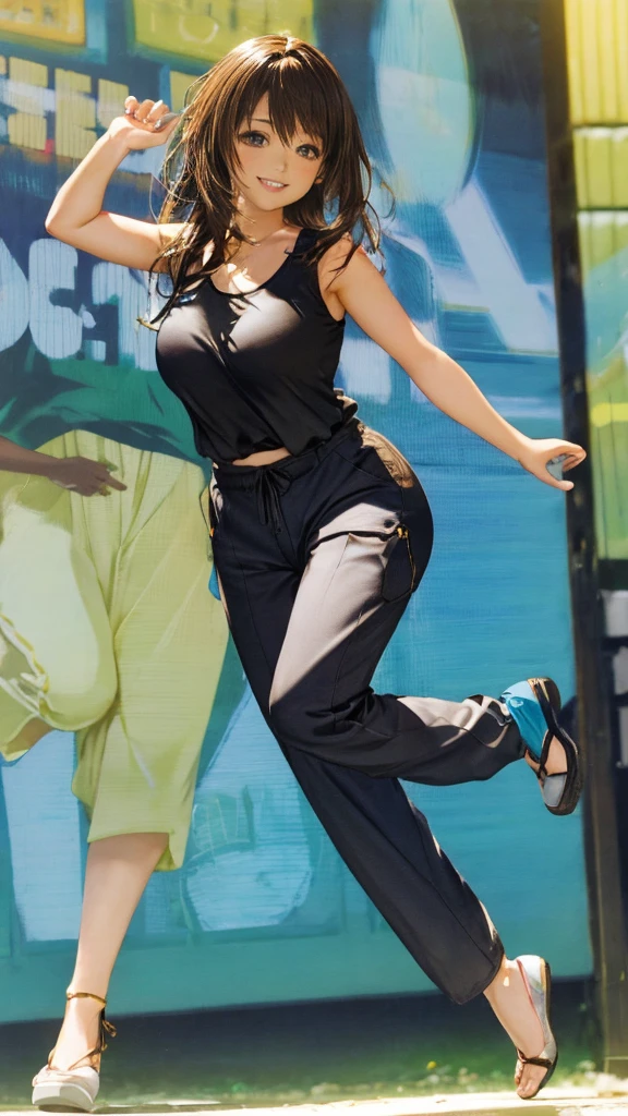 master piece, extremely detailed, high resolution, Haruba Negi style, Japanese anime style girl, tank top, military pants, brown hair, medium-long straight hair, front view, looking at the camera, happy expression, hip hop dance, mid-bust, slim waist, glossy, plump lips, fullbody, glossy hair, street dance, dance stage background, curious eyes, brown eyes, mouth closed and happy expression、