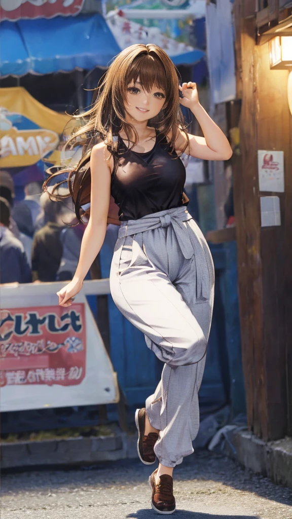 master piece, extremely detailed, high resolution, Haruba Negi style, Japanese anime style girl, tank top, military pants, brown hair, medium-long straight hair, front view, looking at the camera, happy expression, hip hop dance, mid-bust, slim waist, glossy, plump lips, fullbody, glossy hair, street dance, dance stage background, curious eyes, brown eyes, mouth closed and happy expression、