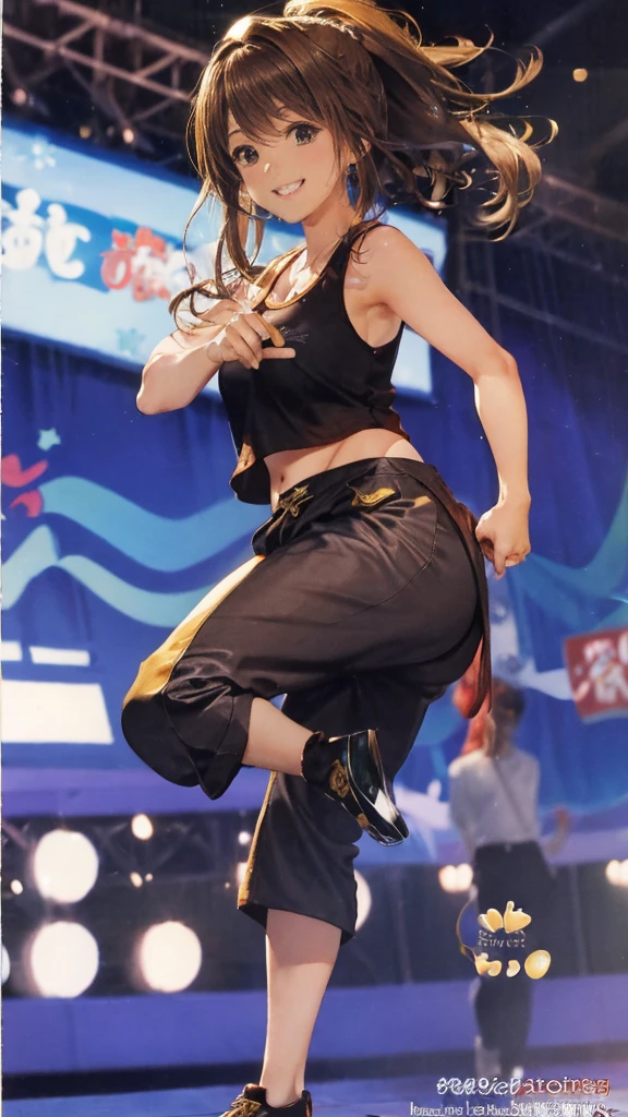 master piece, extremely detailed, high resolution, Haruba Negi style, Japanese anime style girl, tank top, military pants, brown hair, medium-long straight hair, front view, looking at the camera, happy expression, hip hop dance, mid-bust, slim waist, glossy, plump lips, fullbody, glossy hair, street dance, dance stage background, curious eyes, brown eyes, mouth closed and happy expression、