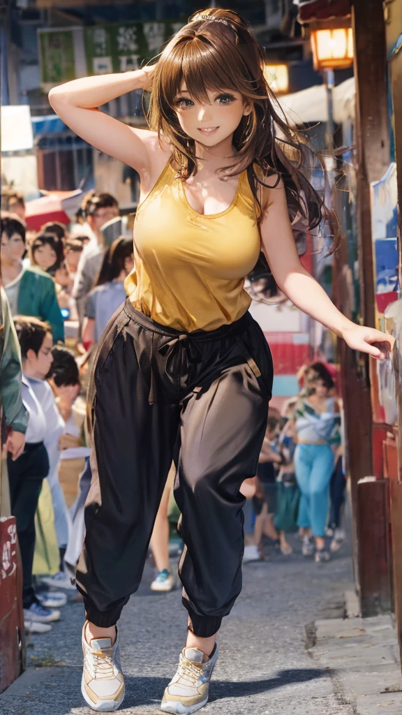 master piece, extremely detailed, high resolution, Haruba Negi style, Japanese anime style girl, tank top, military pants, brown hair, medium-long straight hair, front view, looking at the camera, happy expression, hip hop dance, mid-bust, slim waist, glossy, plump lips, fullbody, glossy hair, street dance, dance stage background, curious eyes, brown eyes, mouth closed and happy expression、
