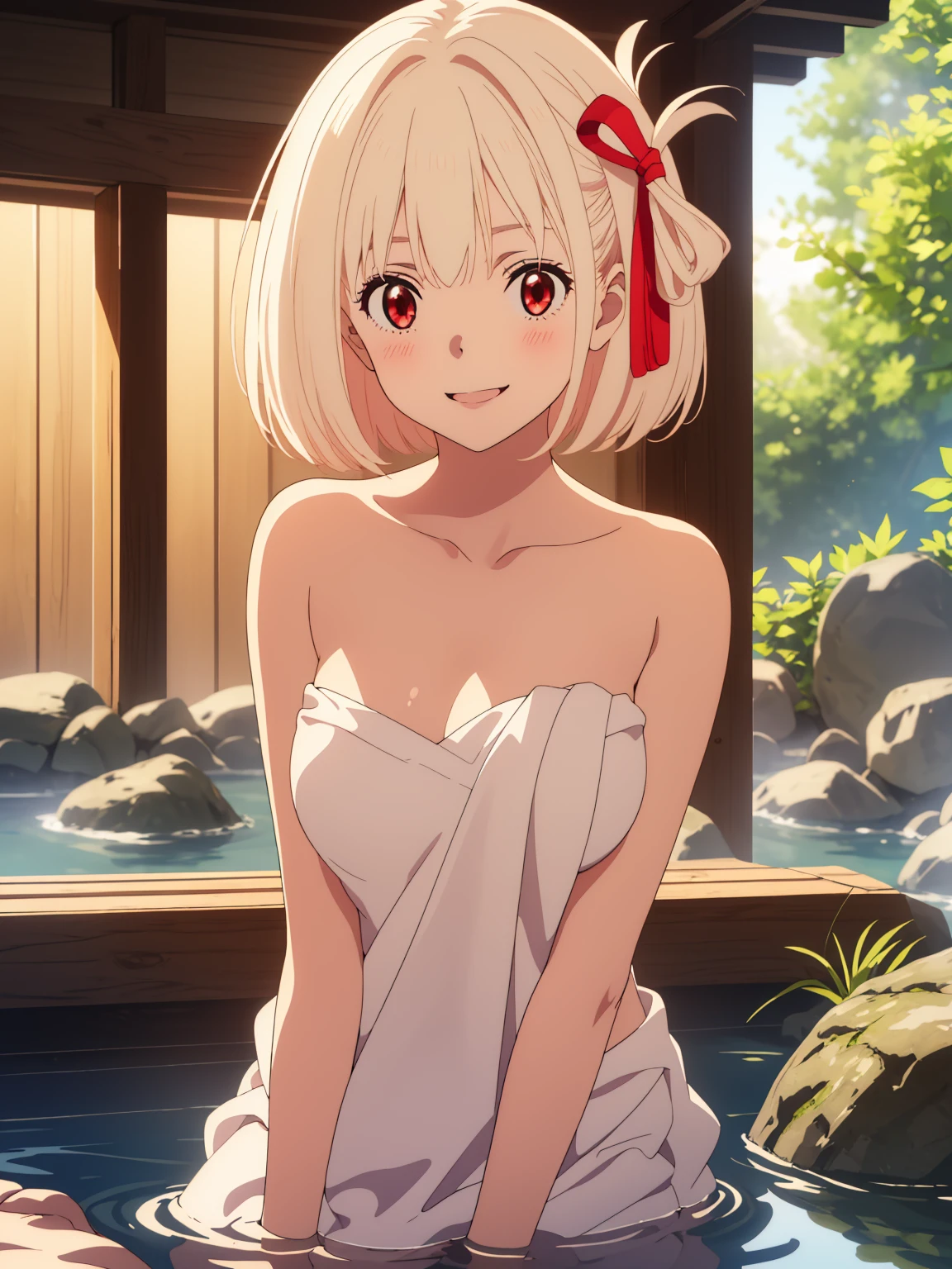 ( masterpiece), ( best quality), (ultra-detailed), very aesthetic, illustration, perfect composition, intricate details, absurdres,( hires textures, high detail:1.2), ( 8k),( incredibly detailed), medium breast, Slim waist, Perfect proportions,
BREAK
pov, moody angle,( 1girl, solo:1.3), chisato nishikigi, short hair, bangs, blonde hair, (red eyes:1.5), hair ribbon, one side up, bob cut,
BREAK
smile, blush, very detailed background, outdoors, onsen, nude, Cover your body with a bath towel,