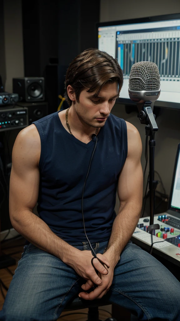 man in recording studio seated and with microphone hyper-realistic photography, 