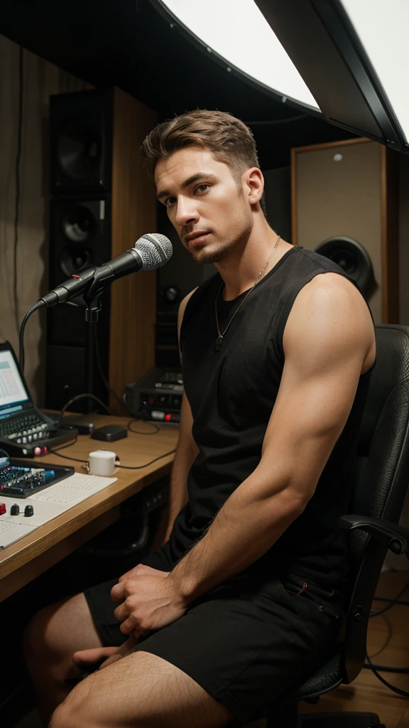 man in recording studio seated and with microphone hyper-realistic photography,
