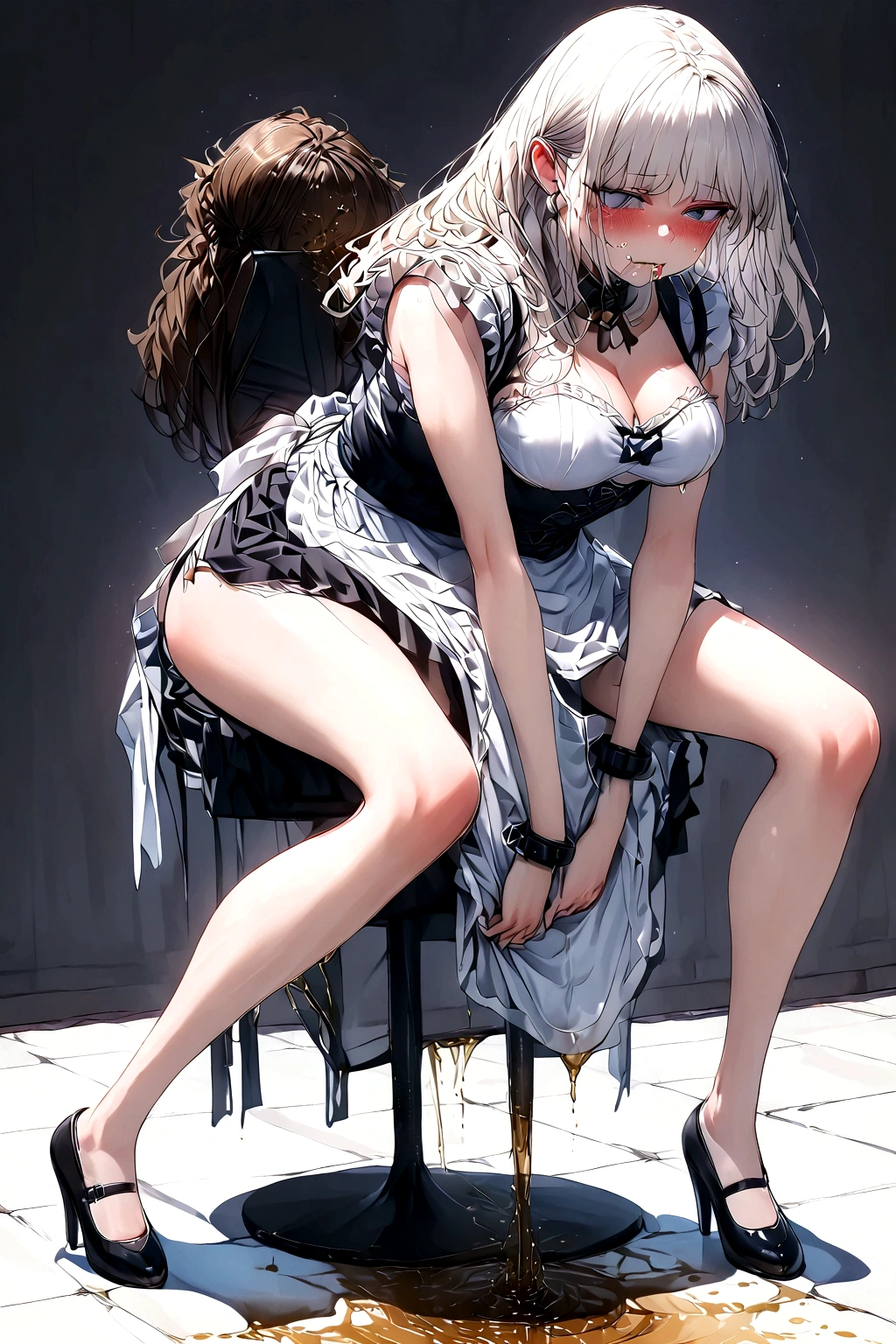 Anime, girl, cute girl, slave, maid, maid uniform, shoes, slave collar, shackles, cold, runny nose, nasal mucus, snot, snot from the nose, handkerchief, you need to sneeze, sneeze yourself, sneeze snot from your nose, desperately want sneeze, cover your nose with your right hand, urinary incontinence, peed, need to pee, pee yourself, pee, pee yourself, cry, really desperately want to pee, scat, diarrhea, crap yourself, need to poop, need to poop, poop in your panties, poop yourself, poop, sneeze, pee and pee yourself: 1.3), desire to sneeze, desire to pee, desire to poop tightly covering the perineum, knees together, feet apart: 1.6), (hand between legs, leaning forward: 1.3), (shaded face, despair, anxiety, sigh, full face flush, embarrassment, looking away: 1.5), (girl can't stand up straight: 1.5), full body, (ultra detailed face, best quality: 1.5), ( from the side), standing, living room, full height. Pee on the floor and pooped on the floor