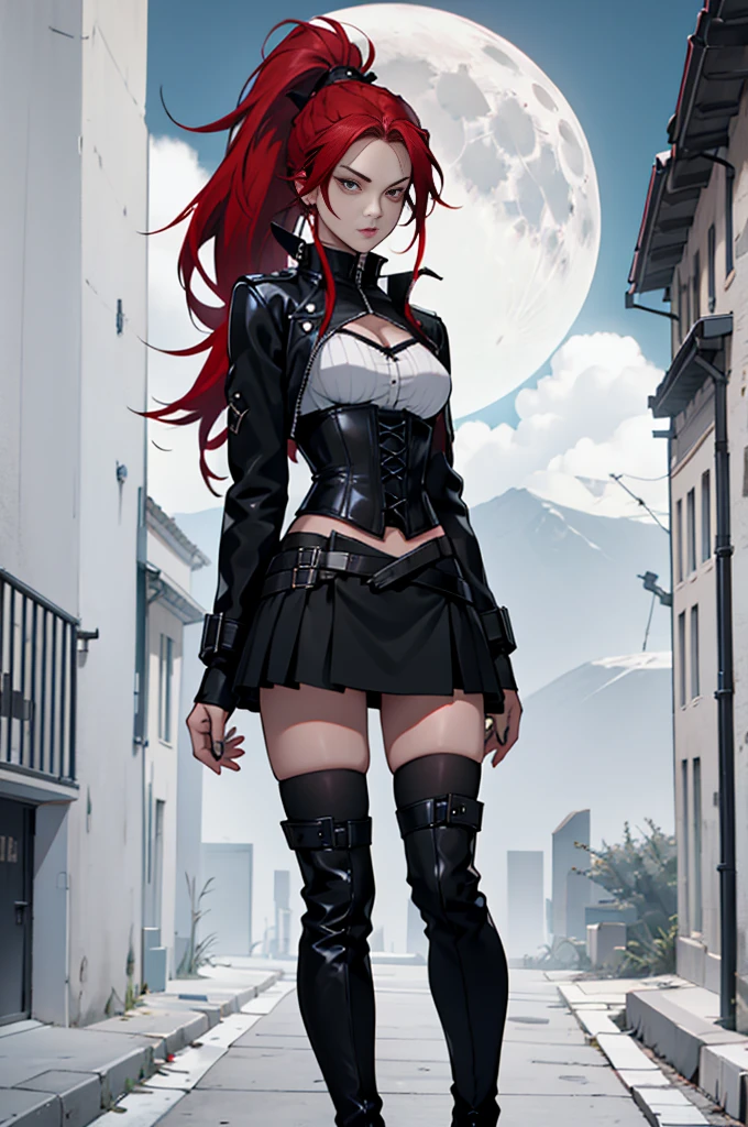 Rogue human woman, with red hair and black streaks, long high ponytail, white corset, black mini skirt, black thigh high boots, black jacket, with a dagger, moon in background, full body
