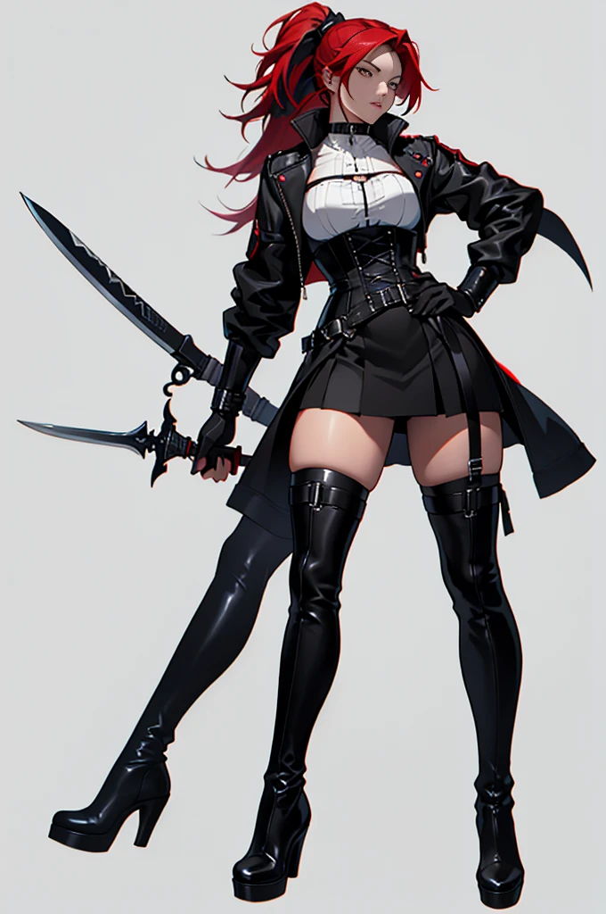 Rogue human woman, with red hair and black streaks, long high ponytail, white corset, black mini skirt, black thigh high boots, black jacket, with a dagger, moon in background, full body

