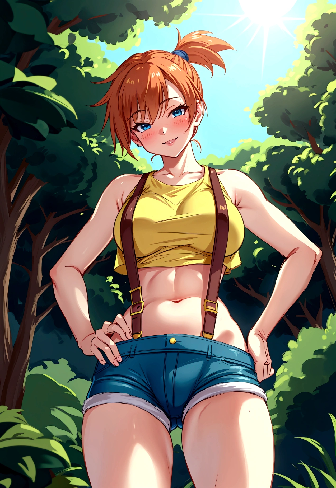 from below,from front,pov,Dutchangle,soro focus.straight-on,(upperbody:1),(finely detail ,best quality, ultra detailed),superfineillustration,anime studio,highly detailed, (detailed background, complex background:1.2), (perfect face, detailed face), full-face blush, (smile, happy),  (milf, mature girl) misty_(pokemon), short hair,side ponytail, looking at viewer, smile, blush, navel, shorts, blue eyes, (suspenders), shirt, crop top,beautiful abs,(beautiful under_boob), midriff, short shorts, medium breasts,(beautiful body),(skiny skin).(). (outdoors, garden, thighs,standing),depth of field,(professional lighting,cinematic lighting,lens flare.beautifully lit),(hands on hips)
,misty_(pokemon),