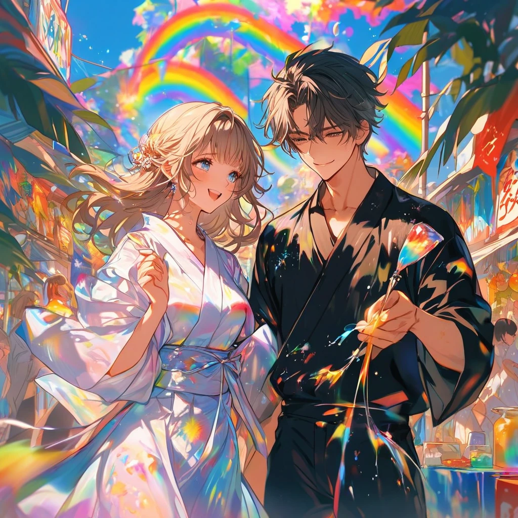 Sad expression、Caving、Two smiling people looking at each other at the strip、Two people、tanabata、Strip、Bamboo leaf、Wishing on Strip、Grilling in a yukata,fluid,Particles of light, dream-like,Sparkling,dream-like glow,Paint drips,oil,strong stroke,Paint drips,Splash Paint Drop, oil,(Abstract:1.2)A girl and a boy made up of(tanabataライトトレース:1.25),Change to (Radioluminescence light tracking) スタイルtanabataのSummer festival,Two people are Orihime and Hikoboshi(Cowboy Shot),Temple Fair,Summer festival,Shining in rainbow colors、16K, Ultra-high resolution, to be born,wonderful ,future、iridescent、The world 30 years from now。