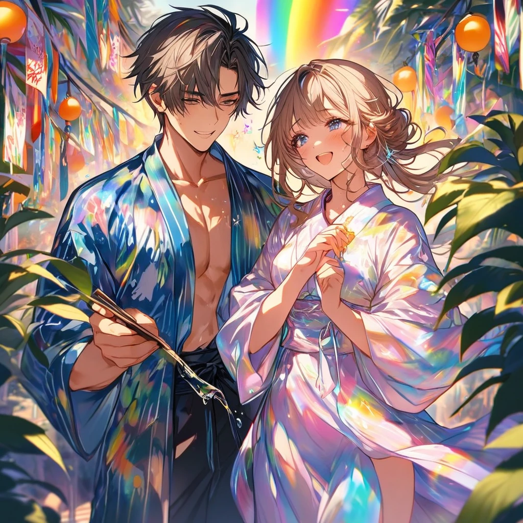 Sad expression、Caving、Two smiling people looking at each other at the strip、Two people、tanabata、Strip、Bamboo leaf、Wishing on Strip、Grilling in a yukata,fluid,Particles of light, dream-like,Sparkling,dream-like glow,Paint drips,oil,strong stroke,Paint drips,Splash Paint Drop, oil,(Abstract:1.2)A girl and a boy made up of(tanabataライトトレース:1.25),Change to (Radioluminescence light tracking) スタイルtanabataのSummer festival,Two people are Orihime and Hikoboshi(Cowboy Shot),Temple Fair,Summer festival,Shining in rainbow colors、16K, Ultra-high resolution, to be born,wonderful ,future、iridescent、The world 30 years from now。