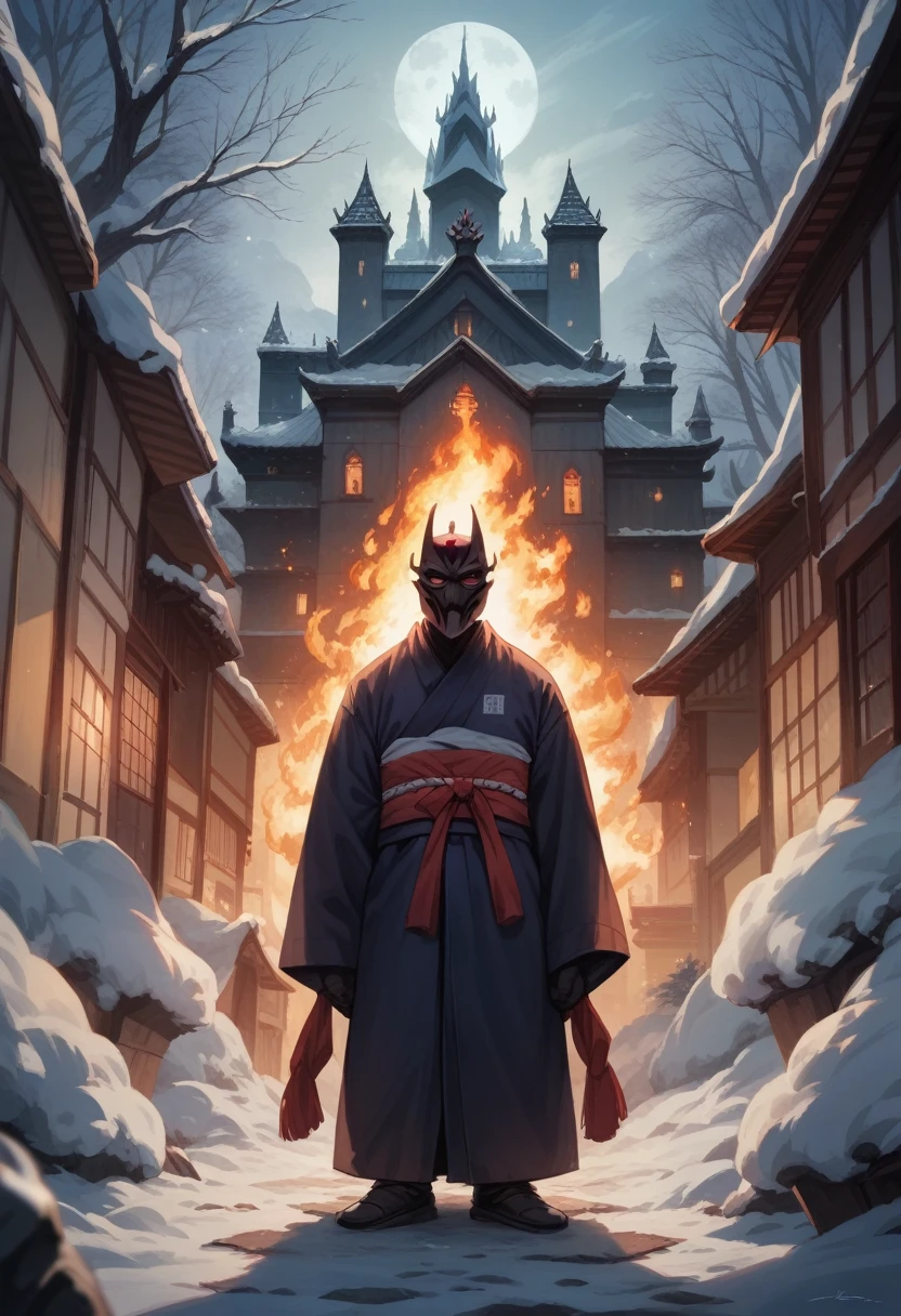 Japanese samurai, villain, snow, winter night, burning castle, dramatic lighting, cinematic composition, detailed, realistic, high resolution, masterpiece, trending on artstation,