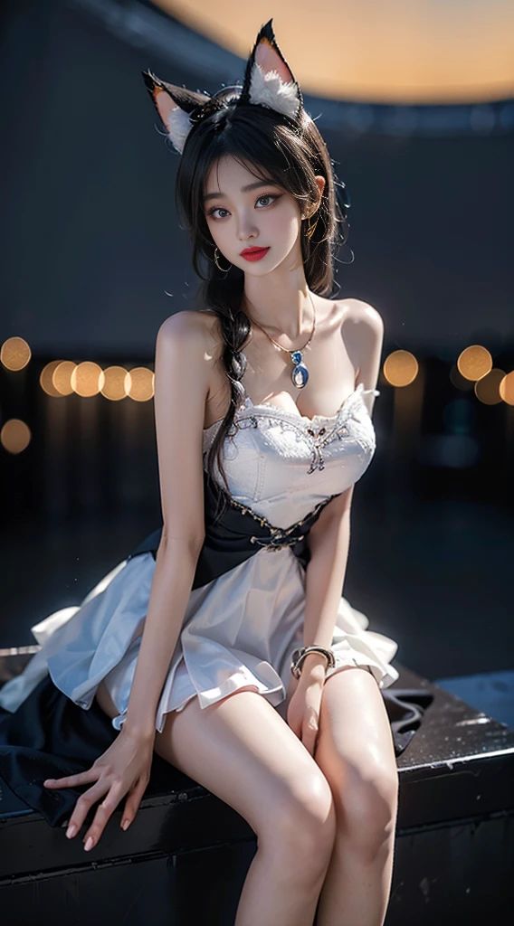 shinano role play costume, role play, High Leg Raise, High heel, transparent, Fox Tail, Multi-tail,  ((whole body)), ((Shot from random angles)), ((Sitting)), ((In class, Sitting on the podium)), (yushuxin,1 Girl,Solitary), Clear face, Pretty Face, 8K, masterpiece, original photo, best quality, detail:1.2,lifelike, detail, Very detailed, CG, Unite, wallpaper, Depth of Field, light, lens flare, Ray Tracing, (Extremely beautiful face, Beautiful lips, beautiful eyes), complex, detail的脸, ((ultra detailed skin)), 1 girl, in the darkness, Deep Shadows, Beautiful Korean girl, Korean Idol,(Very slim figure:1.3), Full breasts, Large Breasts, Slender sexy legs, Very beautiful legs, Elegant Posture, (A bright smile), (City night, (Neon), (night), Beautiful Korean girl, White Diamond Earrings, Bracelet diameter, Deya Necklace, Clear eyes, (big eyes)，Huge breasts