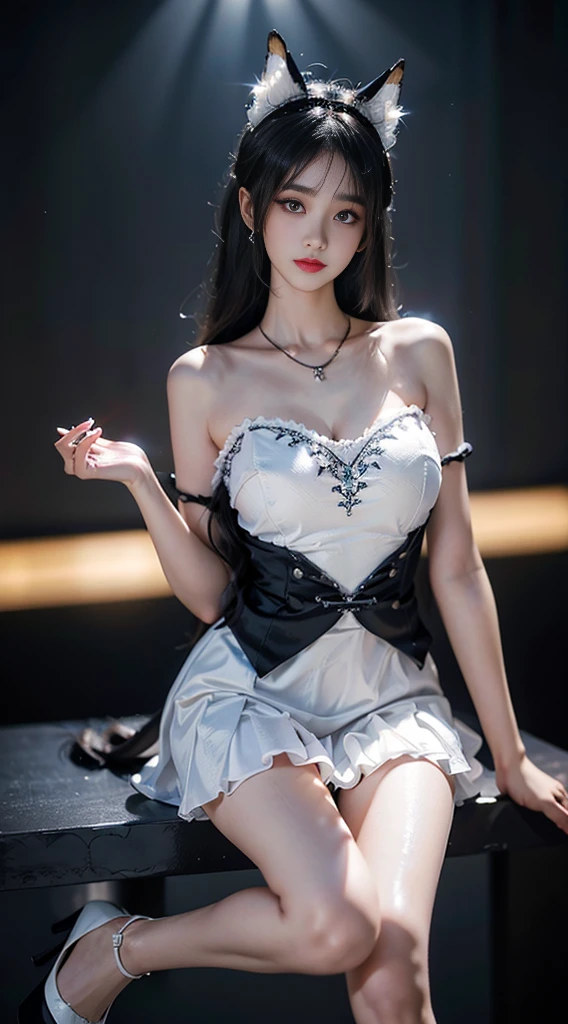 shinano role play costume, role play, High Leg Raise, High heel, transparent, Fox Tail, Multi-tail, ((whole body)), ((Shot from random angles)), ((Sitting)), ((In class, Sitting on the podium)), (yushuxin,1 Girl,Solitary), Clear face, Pretty Face, 8K, masterpiece, original photo, best quality, detail:1.2,lifelike, detail, Very detailed, CG, Unite, wallpaper, Depth of Field, light, lens flare, Ray Tracing, (Extremely beautiful face, Beautiful lips, beautiful eyes), complex, detail的脸, ((ultra detailed skin)), 1 girl, in the darkness, Deep Shadows, Beautiful Korean girl, Korean Idol,(Very slim figure:1.3), Full breasts, Large Breasts, Slender sexy legs, Very beautiful legs, Elegant Posture, (A bright smile), (City night, (Neon), (night), Beautiful Korean girl, White Diamond Earrings, Bracelet diameter, Deya Necklace, Clear eyes, (big eyes),Huge breasts