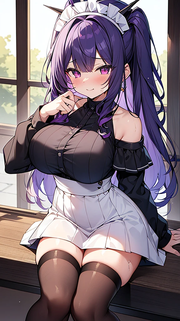 最high quality, high quality, Super detailed, 32k, Ultra-detailed details, 妹とメイド, (only, pretty girl, beautiful purple hair, Beautiful purple eyes, Big Breasts, A light smile, Red eyes, Off-the-shoulder sleeveless Summer clothes, Summer casual maid clothes, Short skirt, Blue and white color striped underwear, Black knee socks, My crotch is wet with love juice, 18-year-old,cute), {{A succubus strips off the face and clothes of a murdered maid and engages in intense vaginal sex with her master, bouncing her breasts.}}, She has transformed from a shy maid into a lewd one., A maid with her sister&#39;s face stuck on her face is vigorously pistoning her body, A maid who moves her body vigorously without caring if her breasts bounce, ((She straddles a sleeping man and has intense vaginal sex:1.5)), Cowgirl Sex,  Super detailed, Detailed sister photosが見える, NSFW