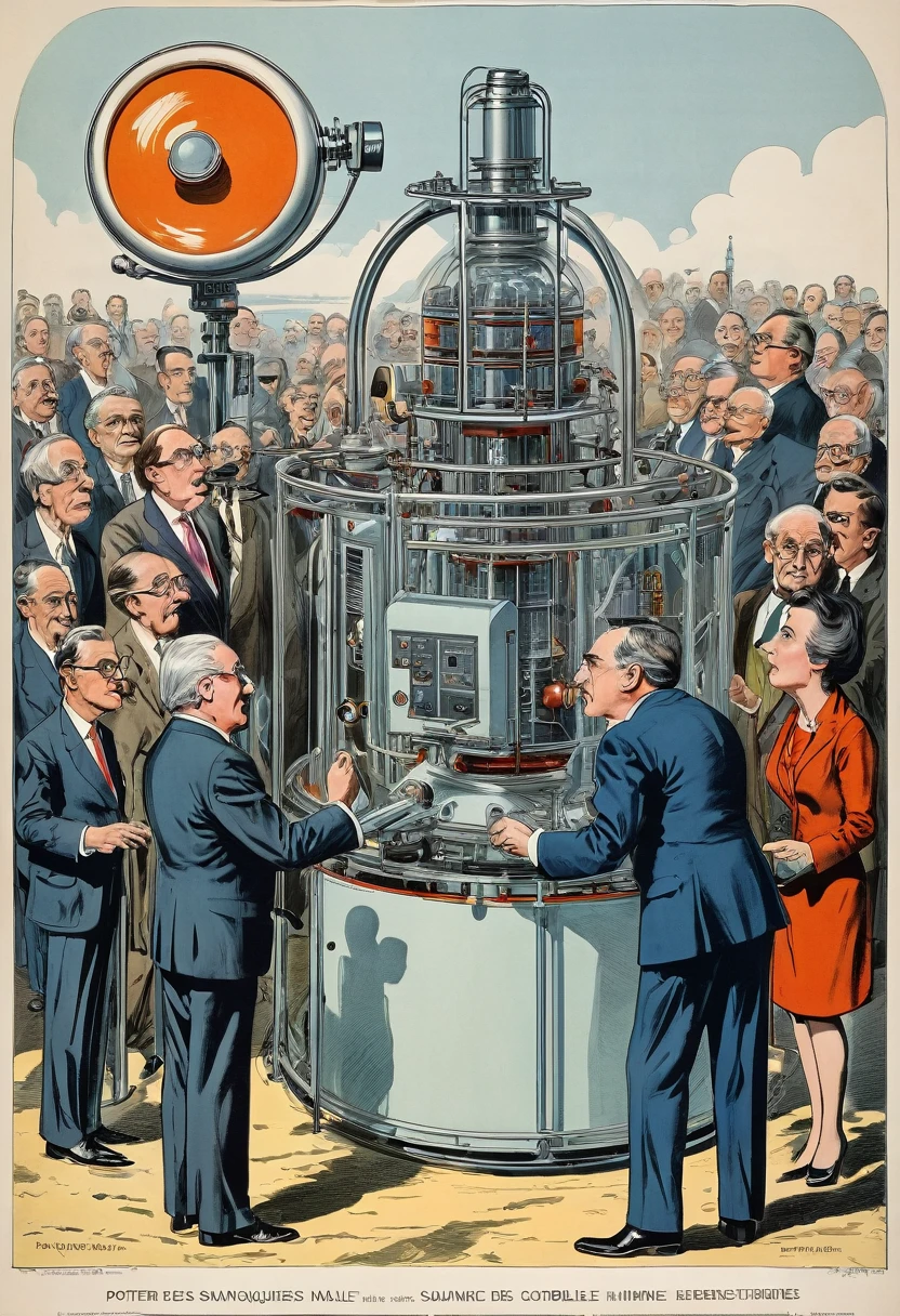 Machine futuriste « Convertisseur d'énergie de rhétorique vide » avec des caricatures exagérées de politiciens. Politiciens : têtes comiquement grandes, corps minuscules, traits surdimensionnés (yeux exorbités, bouches énormes, mâchoires battantes). Gesticulant sauvagement avec des poses dramatiques. Expressions absurdement exagérées de suffisance. Porter des costumes mal ajustés avec des cravates ridiculement grandes. Machine : appareil élégant et de haute technologie avec des panneaux lumineux et des tubes d'énergie pulsés. Des ondes sonores visibles émanent des politiciens vers les machines. Style : une caricature politique satirique et exagérée rencontre la science-fiction. Couleurs vibrantes, accent mis sur les performances théâtrales des hommes politiques