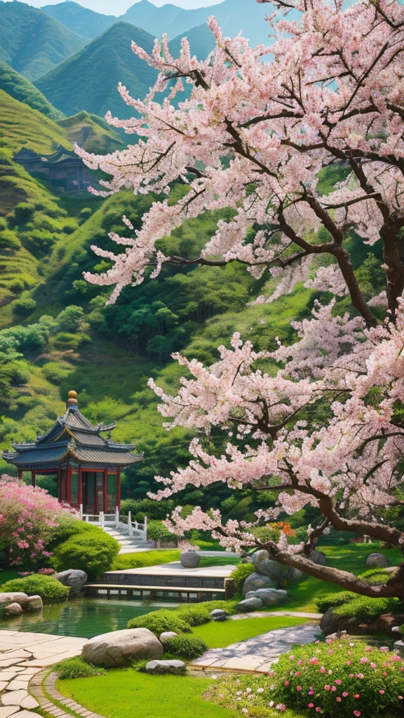 a beautiful detailed chinese peach blossom garden, highly detailed 4k 8k UHD photorealistic, lush green foliage, vibrant colorful flowers, soft warm lighting, natural scenery, serene tranquil atmosphere, intricate flower petals, exquisite botanical elements, realistic depth of field, nature landscape