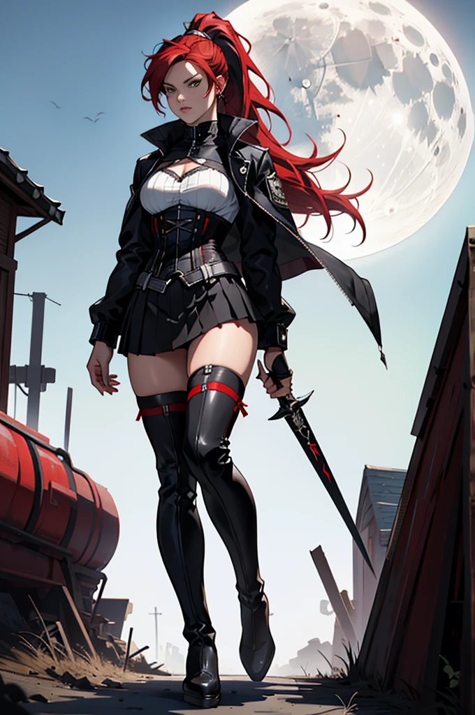 Rogue human woman, with red hair and black streaks, long high ponytail, white corset, black mini skirt, black thigh high boots, black jacket, with a dagger, moon in background, full body