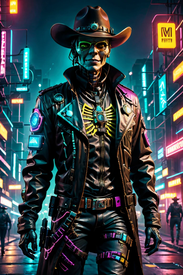 Create a futuristic mummy with cowboy clothes, vibrant colors, cyberpunk style, highly detailed, shirt print, vector image.